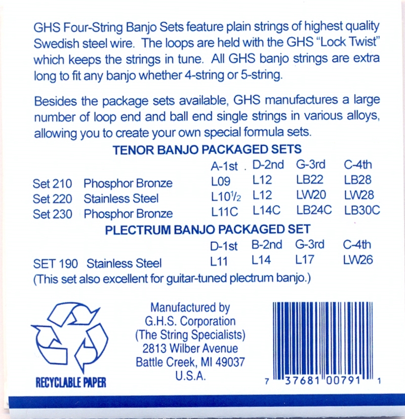 Struny na 4 strunní banjo GHS SET 190 Plectrum light